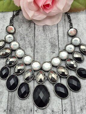 Whimsigoth Bold Statement Collar Necklace Black Clear Faceted Stones 19" Gothic
